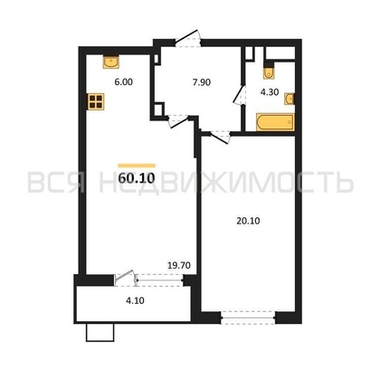 1-комнатная квартира, 60.1кв.м - изображение