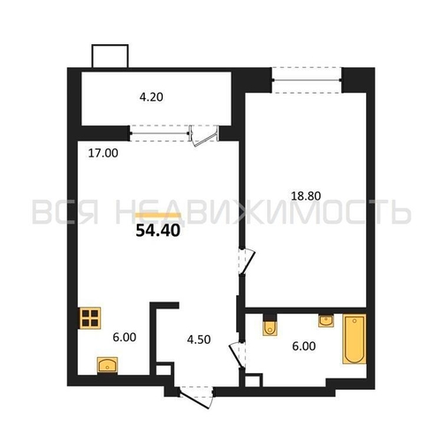 1-комнатная квартира, 54.4кв.м - изображение 0