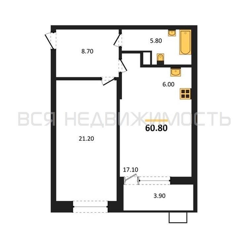 1-комнатная квартира, 60.8кв.м - изображение 0