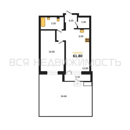1-комнатная квартира, 61.8кв.м - изображение