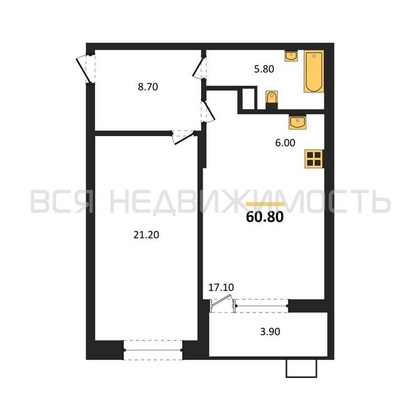 1-комнатная квартира, 60.8кв.м - изображение