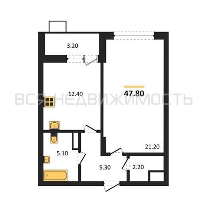 1-комнатная квартира, 47.8кв.м - изображение