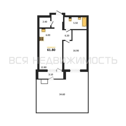 1-комнатная квартира, 61.8кв.м - изображение