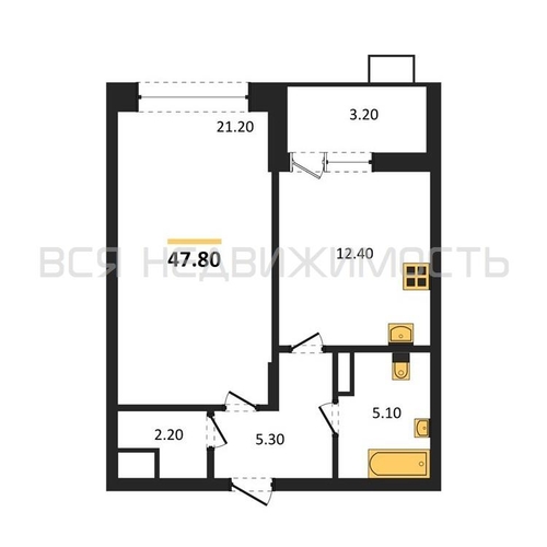 1-комнатная квартира, 47.8кв.м - изображение 0