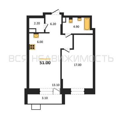 1-комнатная квартира, 51кв.м - изображение