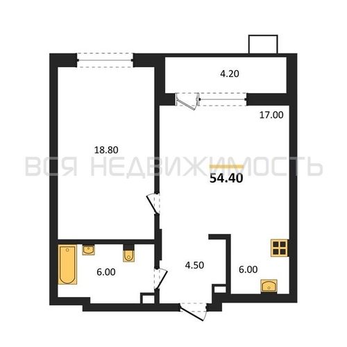 1-комнатная квартира, 54.4кв.м - изображение 0