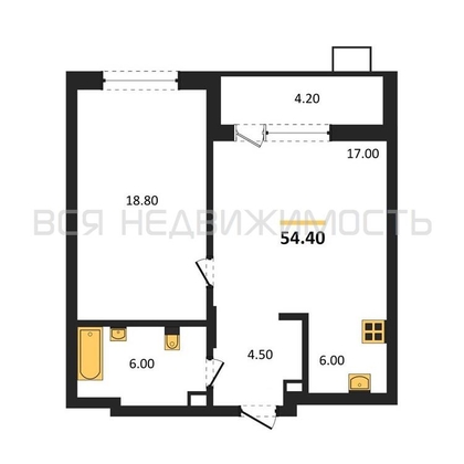 1-комнатная квартира, 54.4кв.м - изображение