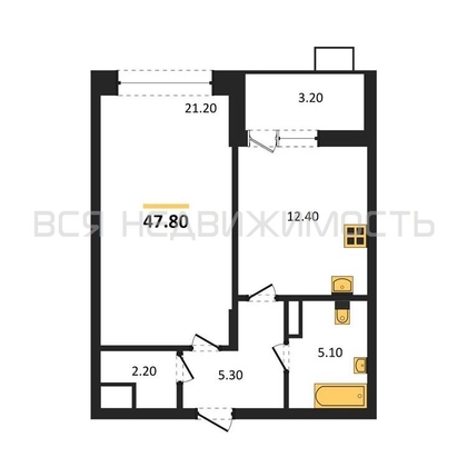 1-комнатная квартира, 47.8кв.м - изображение