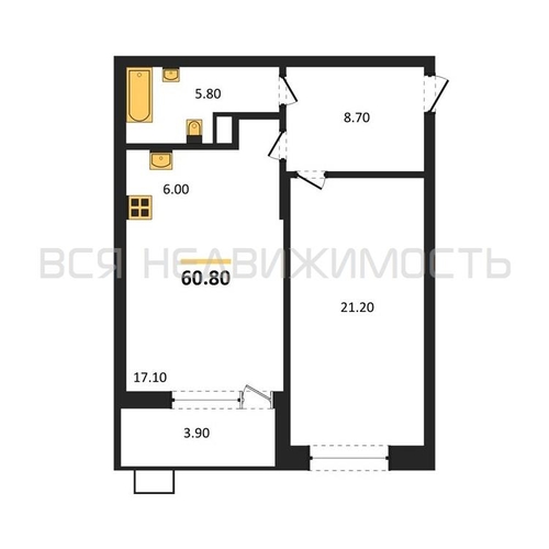 1-комнатная квартира, 60.8кв.м - изображение 0