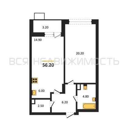 1-комнатная квартира, 56.2кв.м - изображение