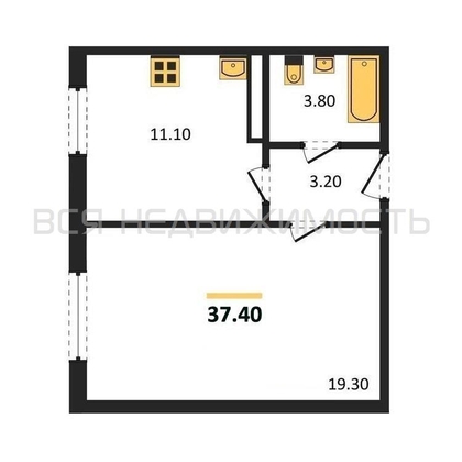 1-комнатная квартира, 37.4кв.м - изображение