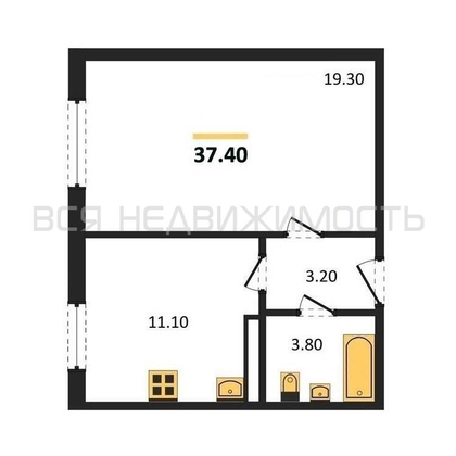 1-комнатная квартира, 37.4кв.м - изображение