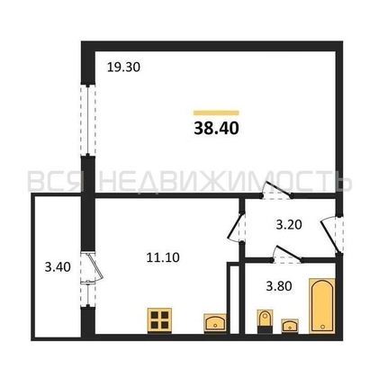 1-комнатная квартира, 38.4кв.м - изображение