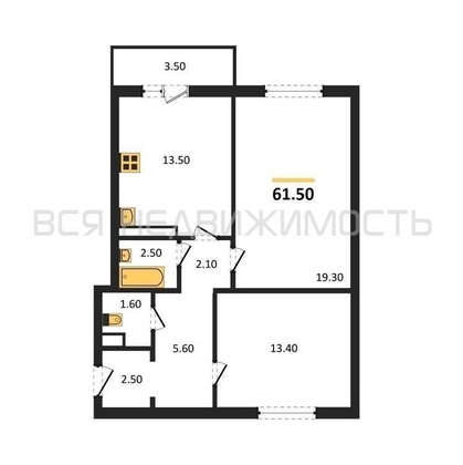 2-комнатная квартира, 61.5кв.м - изображение