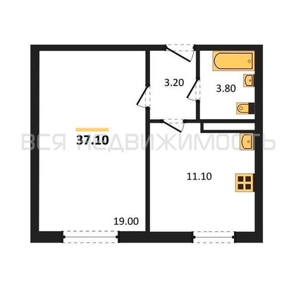 1-комнатная квартира, 37.1кв.м - изображение