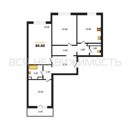 3-комнатная квартира, 84.6кв.м - изображение