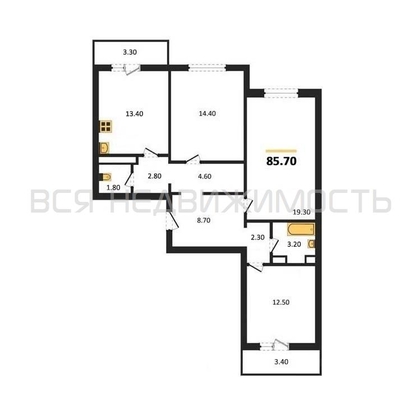 3-комнатная квартира, 85.7кв.м - изображение