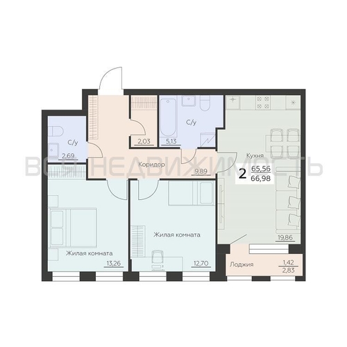 2-комнатная квартира, 66.98кв.м - изображение 0