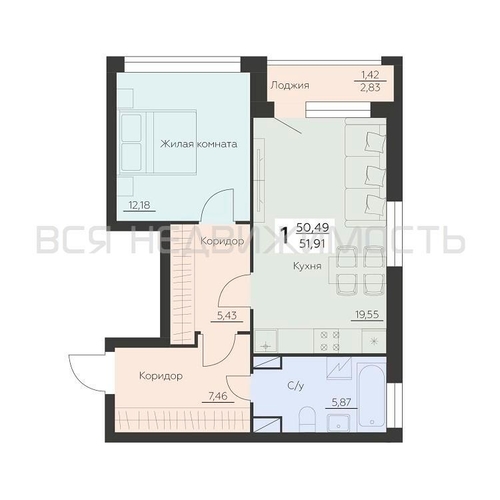 1-комнатная квартира, 51.91кв.м - изображение 0