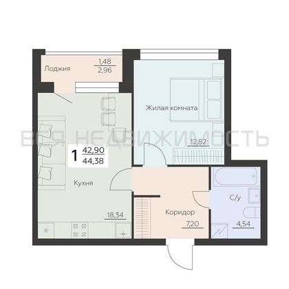 1-комнатная квартира, 44.38кв.м - изображение