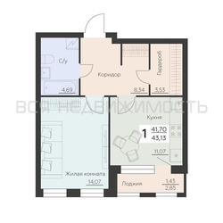 1-комнатная квартира, 43.13кв.м - изображение 1