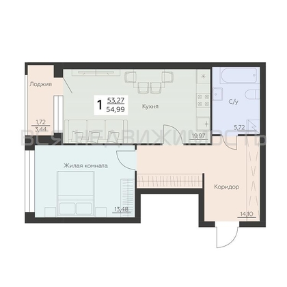1-комнатная квартира, 54.99кв.м - изображение