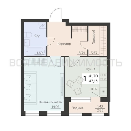 1-комнатная квартира, 43.13кв.м - изображение