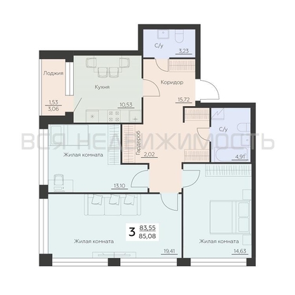 3-комнатная квартира, 85.08кв.м - изображение