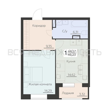 1-комнатная квартира, 46.23кв.м - изображение