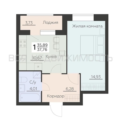 1-комнатная квартира, 37.76кв.м - изображение