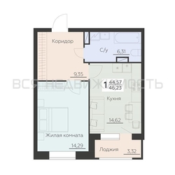 1-комнатная квартира, 46.23кв.м - изображение 1