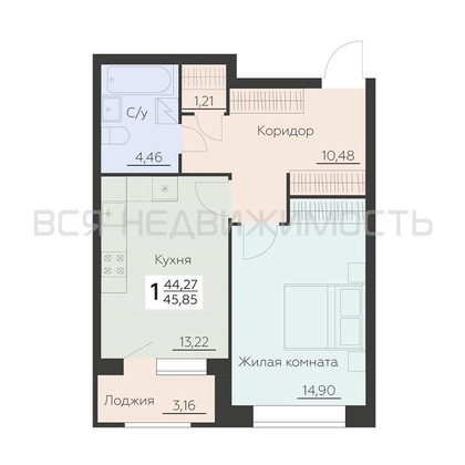 1-комнатная квартира, 45.85кв.м - изображение