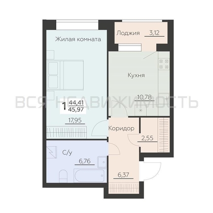 1-комнатная квартира, 45.97кв.м - изображение