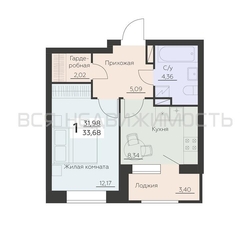 1-комнатная квартира, 33.68кв.м - изображение 1