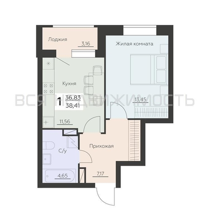 1-комнатная квартира, 38.41кв.м - изображение