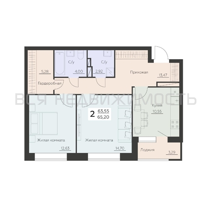 2-комнатная квартира, 65.2кв.м - изображение