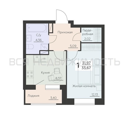 1-комнатная квартира, 33.67кв.м - изображение