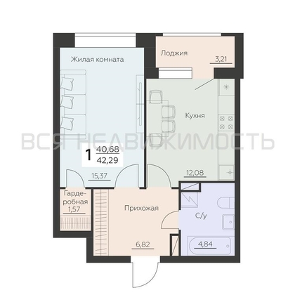1-комнатная квартира, 42.29кв.м - изображение