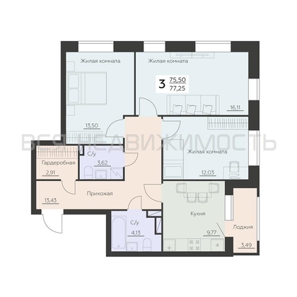 3-комнатная квартира, 77.25кв.м - изображение