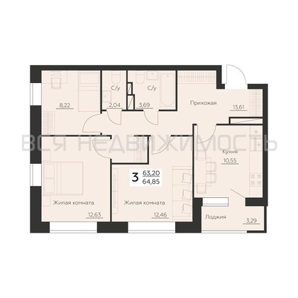 3-комнатная квартира, 64.85кв.м - изображение