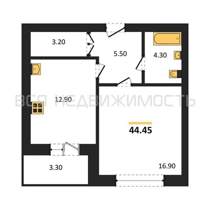 1-комнатная квартира, 44.45кв.м - изображение