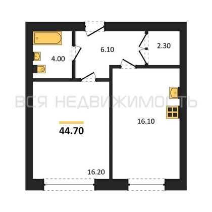 1-комнатная квартира, 44.7кв.м - изображение