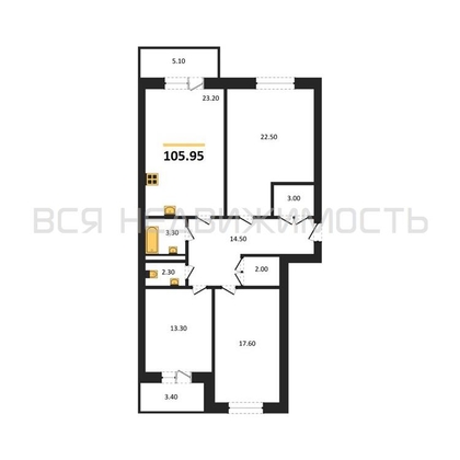 3-комнатная квартира, 105.95кв.м - изображение