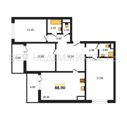 3-комнатная квартира, 88.9кв.м - изображение