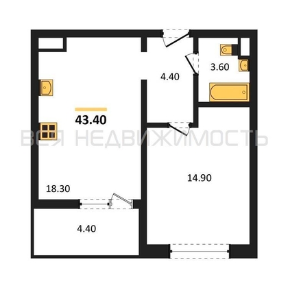 1-комнатная квартира, 43.4кв.м - изображение