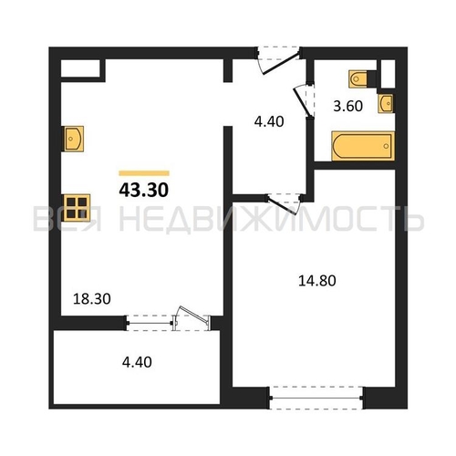1-комнатная квартира, 43.3кв.м - изображение 0