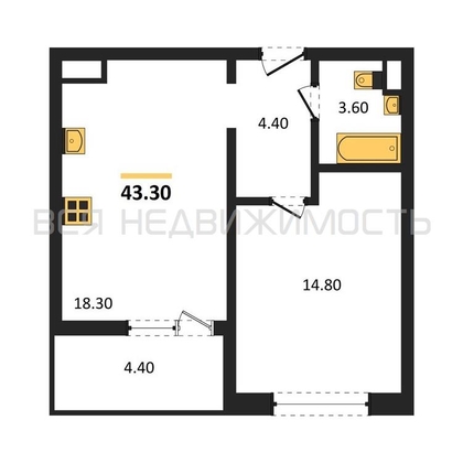 1-комнатная квартира, 43.3кв.м - изображение