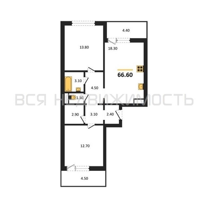 2-комнатная квартира, 66.6кв.м - изображение