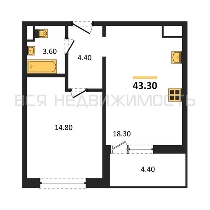 1-комнатная квартира, 43.3кв.м - изображение