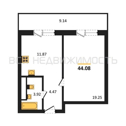 1-комнатная квартира, 44.08кв.м - изображение